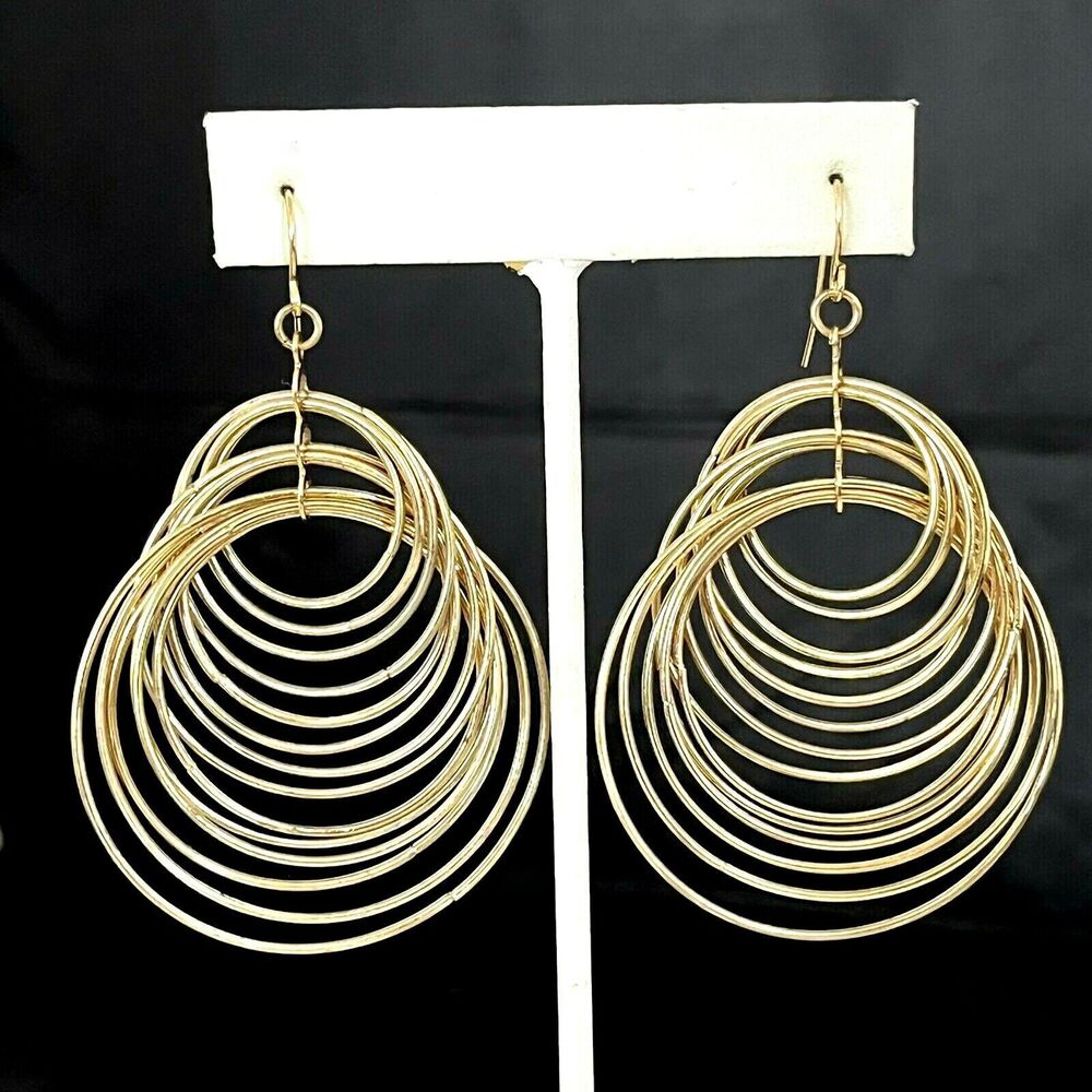 New Statement Earrings Gold Tone Dangle Hoop Lightweight - 3K